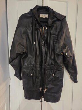 Vintage 90s Comint Womens 1X Black Genuine Leather Hooded Parka Coat Y2K